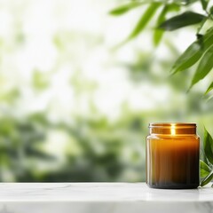 Warm glowing candle in an amber jar placed on a white marble table with blurred greenery soft and serene design emphasizing relaxation