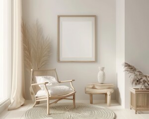 A minimalist living room interior with a white couch. a wooden coffee table. a white vase with pampas grass. and a framed poster on the wall