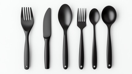 A minimalist arrangement of black cutlery including forks, a knife, and spoons on a white background.