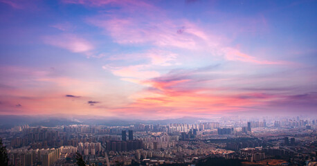 Asia Business concept for real estate and corporate construction - panoramic modern city skyline aerial view  under sunset sky