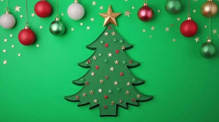 Green background with a Christmas tree and toys.