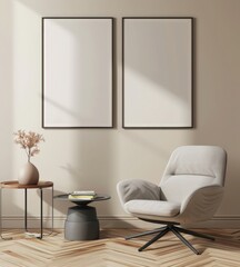 A cozy living room interior with a grey armchair. a coffee table. and two blank frames on a white wall