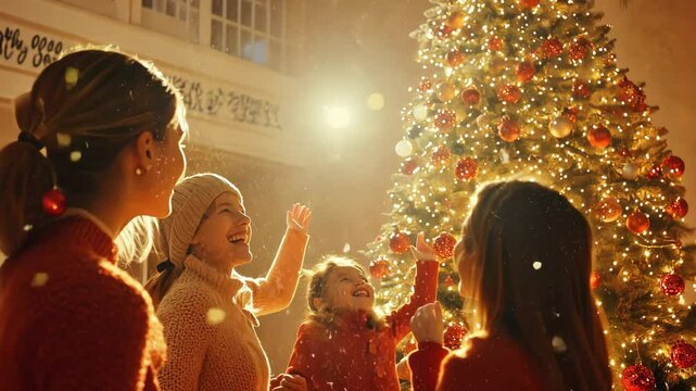 A joyful holiday gathering unfolds around a beautifully decorated Christmas tree, adorned with warm lights that twinkle and festive decorations that bring cheer, celebrating love and togetherness