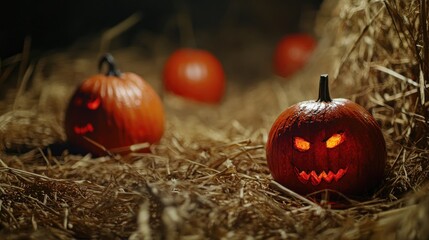 Carved Halloween pumpkins with devilish faces glowing on dry straw, creating an eerie ambiance during a spooky night setting.