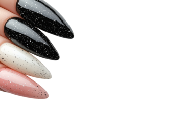 Nail art showcasing glittery black, white, and pink designs with pointed tips in a minimalist setting