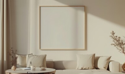 Minimalist living room interior design with a large blank canvas on the wall. a beige sofa with pillows. a coffee table. and a dried plant