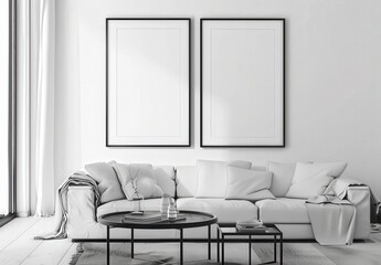 Two blank black picture frames on a white wall in a minimalist living room with white bean bag chairs and a small wooden coffee table