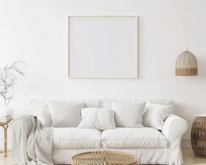 A white sofa with pillows in a modern living room with a framed poster on the wall and a green plant in the corner