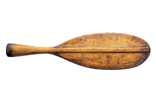 Vintage wooden paddle used for rowing or outdoor activities displayed on a plain background in a well-lit setting
