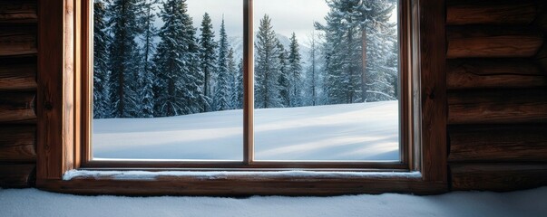 Cozy Cabin Window View Winter Wonderland Snow Covered Landscape Pine Trees