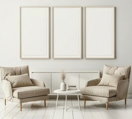 Minimalist living room interior design with a beige sofa. three blank frames. a round coffee table. a pouf. and a dried plant in a corner