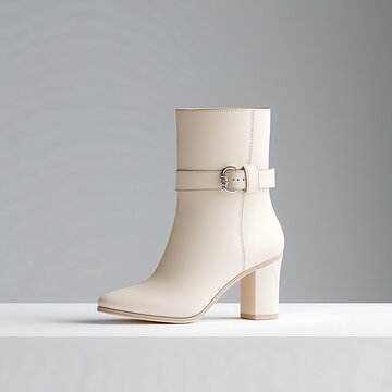 A minimalist display of chic winter footwear, featuring an elegant pair of ankle boots with eye-catching details, staged against a white background to capture the essence of high-end fashion. Product