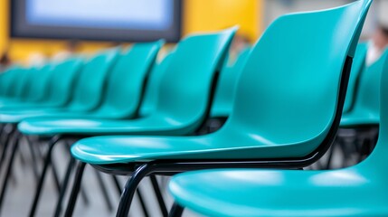 Close-up photography of a bright classroom setup with teal chairs and modern design