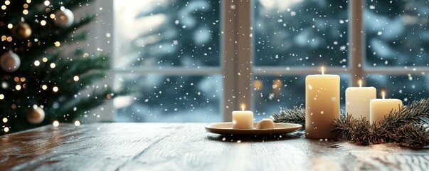 Cozy Winter Christmas Scene Candles Snow Tree