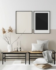 A modern living room with a white couch. a black coffee table. a wicker ottoman. and a large blank picture frame