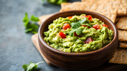 Bowl of fresh guacamole with a side of whole grain