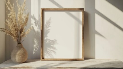Wooden frame resting on a light surface next to a vase with dried plants, illuminated by shadows from nearby sunlight in a minimalistic setting.