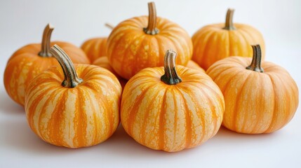 Freshly picked pumpkins arranged on a white table, showcasing vibrant orange stripes in a modern kitchen, ideal for Halloween celebrations and healthy cooking.