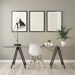 Minimalist home office with a glass desk. a beige chair. three framed mockups. and a vase of pampas grass