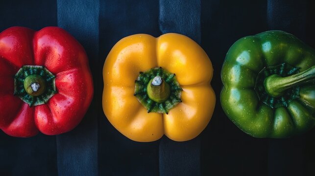 Vibrant trio of whole bell peppers in a row with a red pepper on the left, a yellow pepper in the center, and a green pepper on the right against a dark background. - Powered by Adobe