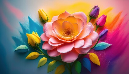 Paper Flower Bloom: A delicate pink paper flower with yellow center and leaves takes center stage against a vibrant, abstract watercolor background of blues, pinks, yellows, and greens.
