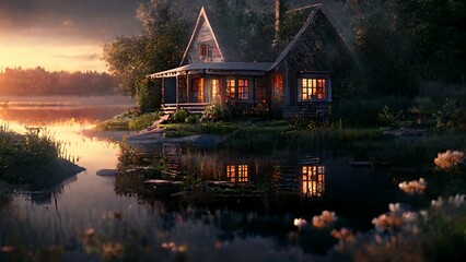 Fototapeta premium A serene lakeside cottage at sunset, reflecting warm light in tranquil waters.
