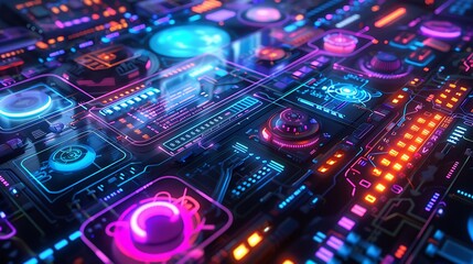 Obraz premium Futuristic Interface: Neon Lights, Buttons, and Controls