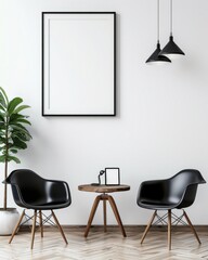 A minimalist interior with two black chairs. a small table with a vintage phone. and a large empty frame on the wall