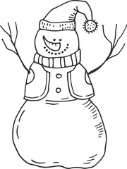 Happy snowman drawing. Winter mascot line sketch