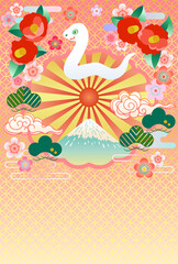 ポップな和柄と富士山のイラスト年賀状テンプレート【巳年】西暦2025年の巳年の年賀状として制作したイラストです。