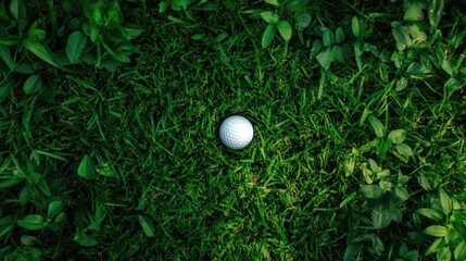 A close-up view of a single white golf ball resting on a lush, vibrant green grass surface, surrounded by small leaves and blades of grass.