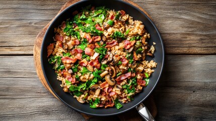 Fried rice with crispy bacon, savory mushrooms, and fresh greens cooked in a black frying pan on a rustic wooden surface