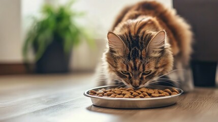 Fluffy tabby cat curiously eating from a stainless steel bowl of dry cat food on a wooden floor with greenery in the background indoors.