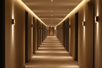 Symmetrical hotel corridor with warm lighting