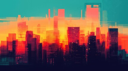 Fototapeta premium A vibrant, abstract city skyline at sunset, featuring bold colors and geometric shapes that evoke a sense of modernity and energy.