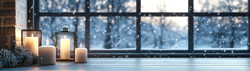 Obraz premium Cozy Winter Window Scene Candles Snow and Peace