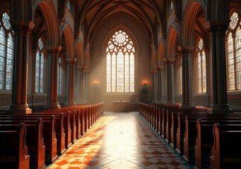 Fototapeta premium Sunlight filters through stained glass in a historic church interior