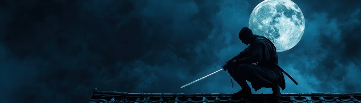 Shadowy Ninja Warrior Moonlit Rooftop Katana Action Pose