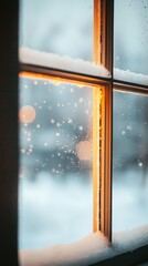 Snowy Winter Windowpane Warm Interior Glow Night Snowfall