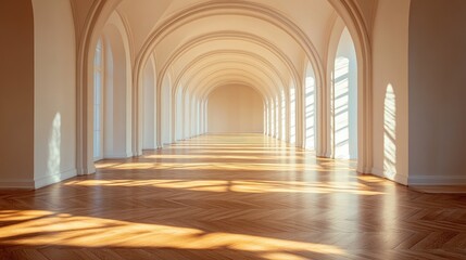 Gentle sunlight filters through graceful white arches, casting soft shadows on a polished wooden floor in a serene and elegant interior space.