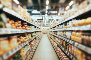 Fototapeta premium Concept Supermarket Abundance of Fresh Produce and Goods in a Spacious Blurry Interior Store with Stocked Shelves