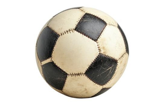 Well-worn soccer ball sits on display showcasing its classic design and timeworn charm