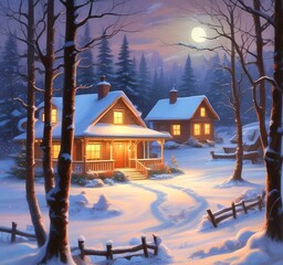 Fototapeta premium Illustration of glowing and decorative home with winter landscape.