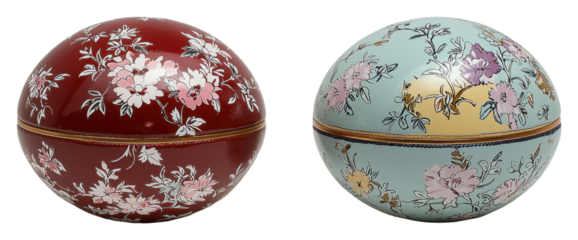 Pair of Decorative Floral Round Boxes Red Teal Asian Inspired Design Gift Boxes Easter Eggs