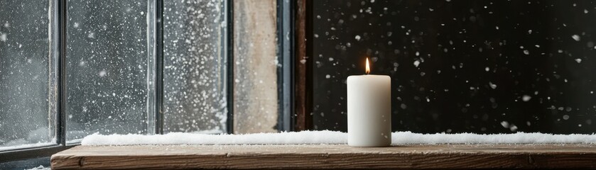 Obraz premium Winter Solstice Lit Candle Snow Window Cozy Home