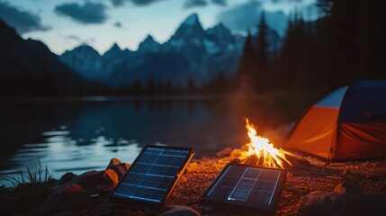 Close-up of solar chargers in use by a campfire, with mountains silhouetted in the background