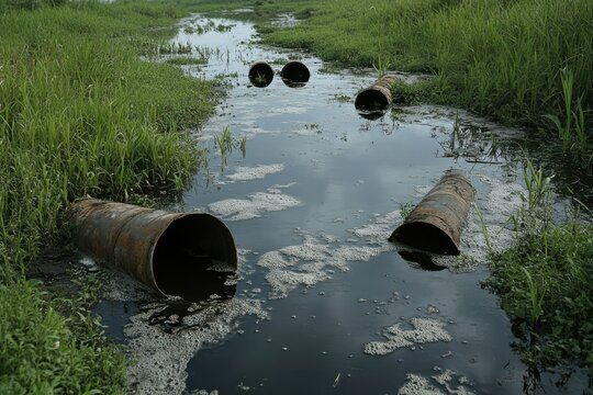 Polluted river impacted by factory discharges, showing murky waters, debris, and visible sewage outlets. The ecological effects demonstrate human negligence and environmental damage