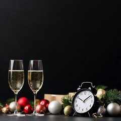 A luxurious New Years countdown scene featuring a beautifully set table adorned with elegant decorations, a stylish clock striking midnight, and sparkling champagne glasses. The setting emphasizes