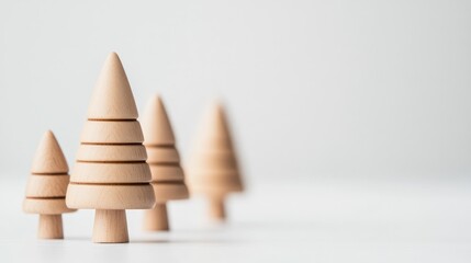 Handcrafted wooden toy trees in varying heights on a minimalist white background showcasing their smooth, natural texture and playful design.