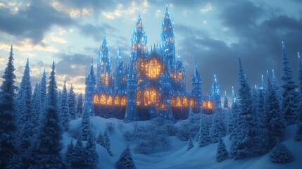 Obraz premium a fantasy-inspired ice castle with tall spires and glowing lights inside